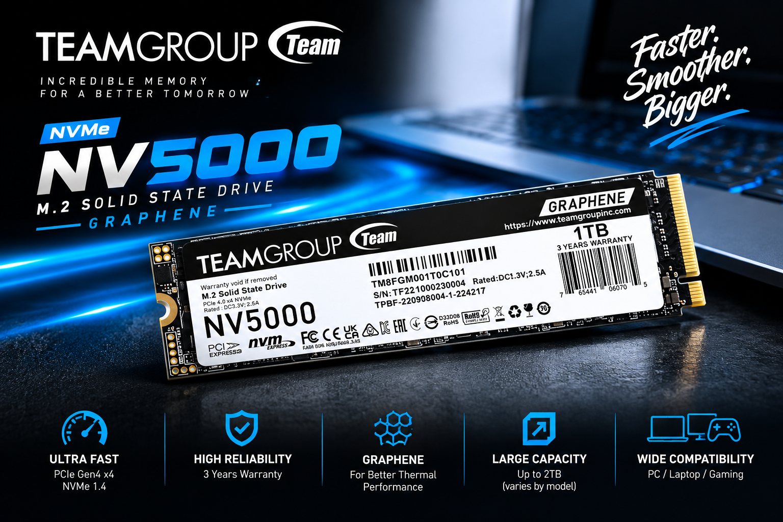 Teamgroup Gebrak Pasar SSD Gen4, NV5000 Bawa Kecepatan 5.000 MB/s dan Pendingin Grafena